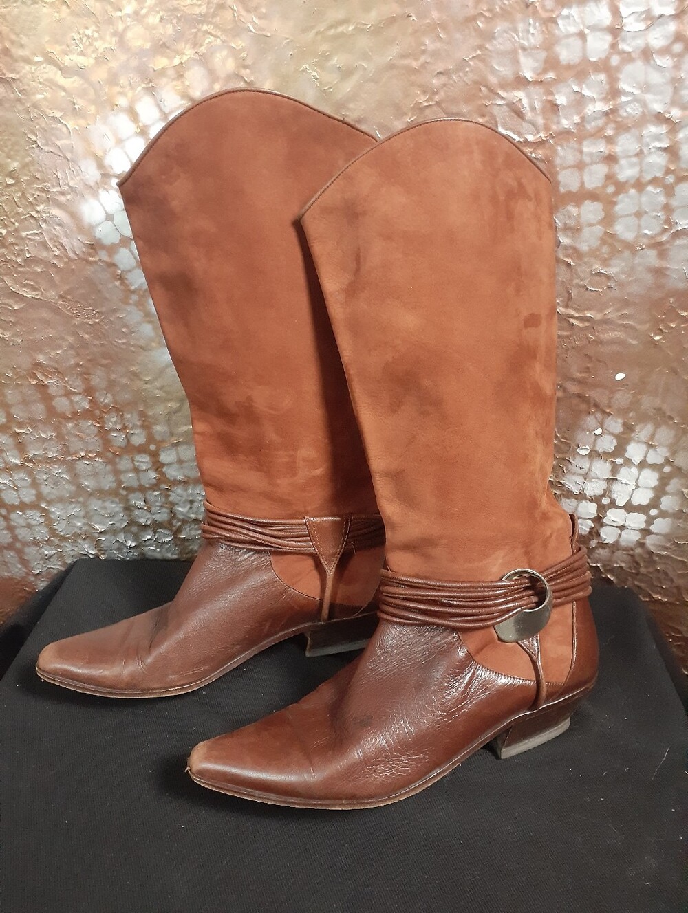 Vintage Via Spiga Two-Tone Leather And Suede Brown Western Boot with Wrap Strap - Picture 16 of 16